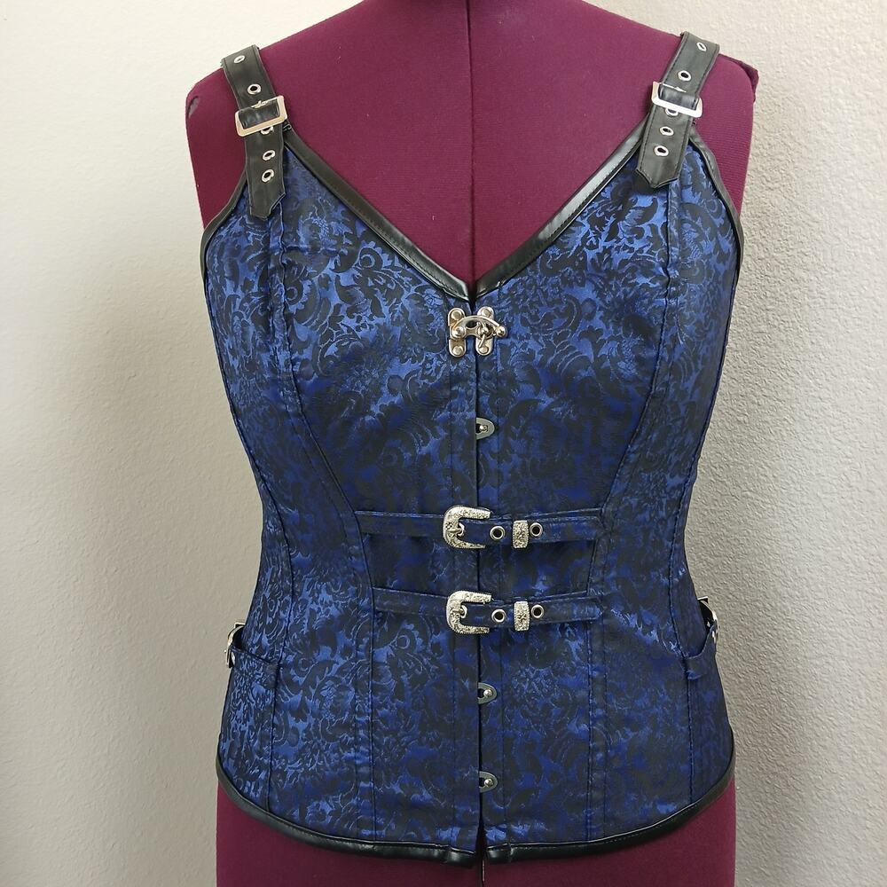 Kimring Corset XXL Gothic Steampunk Brocade Overbust Steel Boned Bustier Blue - Picture 5 of 13